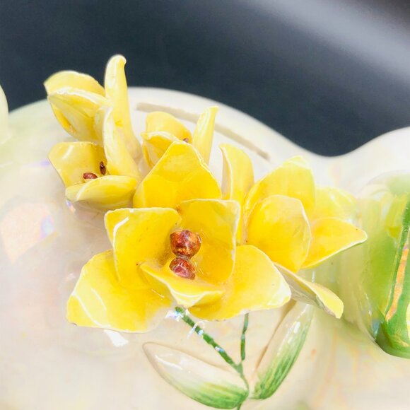 Vintage NORCREST Iridescent Piggy Coin Bank, Green Lusterware, 3D Yellow Flowers - Picture 7 of 12